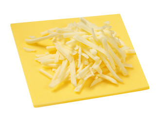 Grated cheese for sandwiches  isolated on white background, top view. Cutted cheese closeup.