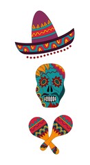 Bright colorful stylish vector illustration about Mexico. Traditional Mexican symbols Mexican skull, sombrerero, maracas isolated on white background. Flat design. Hand-drawnd. Vector illustration.