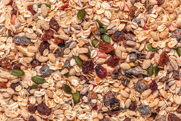 Oat flakes wallpaper with Nuts, seeds and dried fruits. Muesli  Pattern.