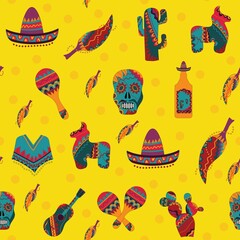 Bright colorful stylish seamless pattern about Mexico. Traditional Mexican symbols on bright background. Flat design. Hand-drawnd. Vector illustration.