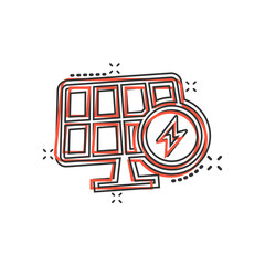 Solar panel icon in comic style. Ecology energy cartoon vector illustration on white isolated background. Electrician splash effect sign business concept.