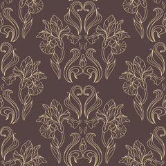 Golden elegant iris flowers. Vector illustration of art nouveau, modern. Seamless vintage damask pattern. Botanical illustration for wallpaper, fabric printing, packaging