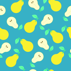 pattern of whole and cut pear with green leaf. fruity seamless pattern on a blue background. vector illustration, eps 10.
