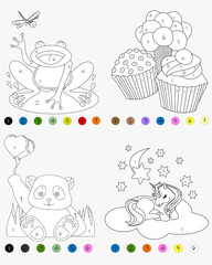 Set of coloring books with numbers with animals, ice cream and muffins. Panda, frog and unicorn.