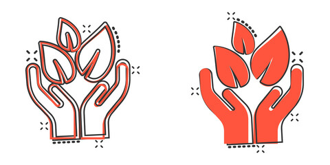 Hand with plant icon in comic style. Flower sprout cartoon vector illustration on white isolated background. Environmental protection splash effect sign business concept.