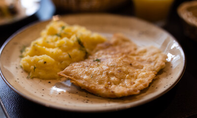 Appetizing chicken breasts in batter with mashed potatoes on plate