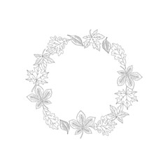 Autumn fallen leaves wreath vector illustration isolated on white. Boho colouring page forest leaf litter round frame. Botanical fall arrangement for Halloween or Thanksgiving Day.