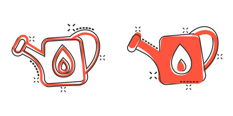 Watering can icon in comic style. Garden tool cartoon vector illustration on white isolated background. Cultivate growth splash effect sign business concept.