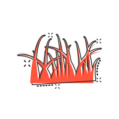 Grass icon in comic style. Eco lawn cartoon vector illustration on white isolated background. Floral garden splash effect business concept.