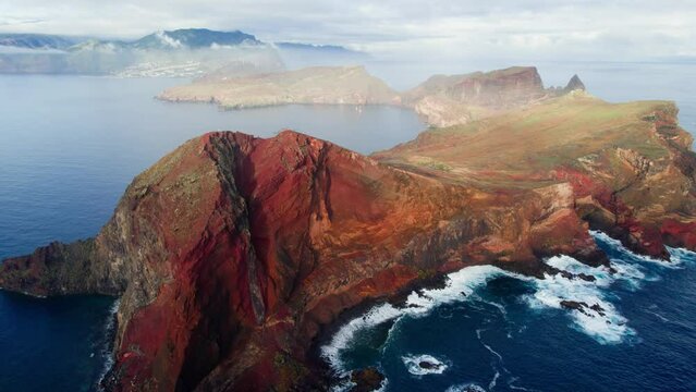 flying over Madeira eastern coast, ponta de Sao Lourenco volcanic landscape, nature of Madeira island, Atlantic rocky shoreline