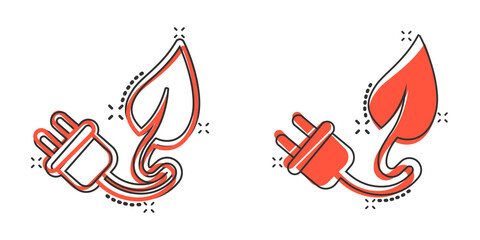 Eco power icon in comic style. Green energy cartoon vector illustration on white isolated background. Nature cable splash effect business concept.