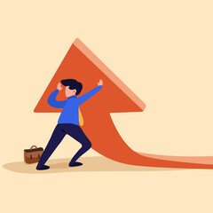 Business concept flat style of worker lifting rising financial arrow graph up. Businessman working hard to change direction of an arrow. Raising up arrow to reach success. Design vector illustration