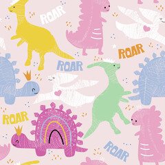 Cute pastel seamless pattern with dinosaurs. Childish print. Vector hand drawn illustration. - 489204164