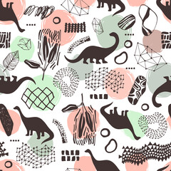 Seamless pattern with cartoon dinosaurs. For cards, party, banners, and children room decoration.