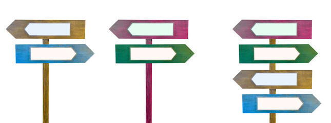 collection of pointers with arrows isolated on white background.Colorful wooden direction arrow signs on a wooden pole. copy space.