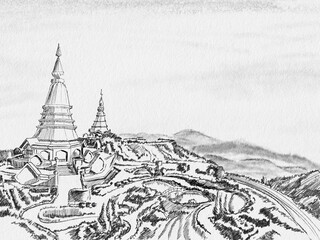 Image Sketch: Doi inthanon sketch beautiful Thailand's landmark on fine printing paper,Chiangmai ,Thailand