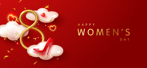 Vector banner for International Women's Day on March 8. Poster, card, web banner for womens day with 3D golden number eight, clouds, red shoe, hearts and flying serpentine.