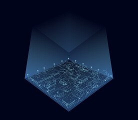 Outline of a city block from blue lines with luminous lights isolated on a dark background. A cube of blue lines surrounds the city. Isometric view. 3D. Vector illustration
