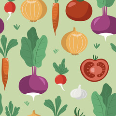 Hand drawn vector seamless pattern with different fresh vegetables