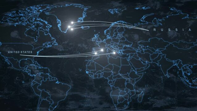 
World War 3. Russia and United States of America attacking each other with nuclear weapons animation.