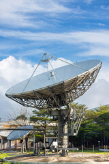 satellite dish radar antenna station in field. parabolic antennas. Big parabolic antenna against sky. Satellite dish at earth station with a sky.