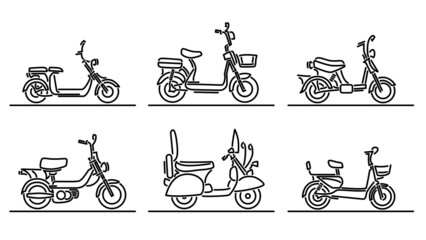Set of simple flat design vector images of simple scooters and mopeds drawn in art line style. © vertyr