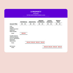 Form and procedure for worksheet accounting. Accounting, bookkeeping, audit debit and credit calculations. Merchandising Accounting. Colored flat vector illustration.