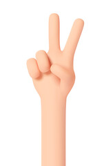 Victory gesture. Fingers show the number two. Hand gesture 3D cartoon friendly funny style isolated on white background