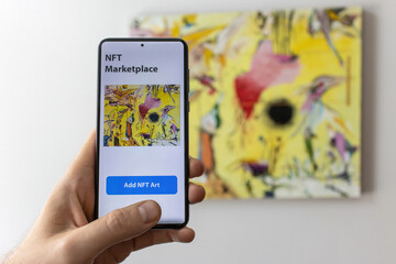 Concept of creation of a crypto art object. Create of a Non Fungible Token for sale on the NFT marketplace