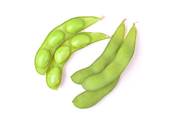 Soybeans, edamame beans on white background. Top view