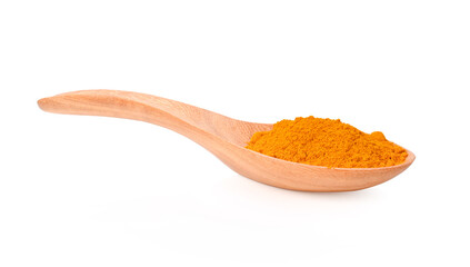 Turmeric (Curcuma) powder in wooden spoon on white background