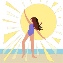 young girl has fun on the beach against the backdrop of the sun and the ocean, vacation at sea, travel, vector illustration
