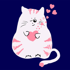 cute drawn cat in cartoon style with a heart in its paws, vector illustration