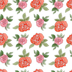 Pattern with roses. Watercolor seamless pattern with rose flowers. Red and pink flowers in doodle style on a white background. Print for textiles.