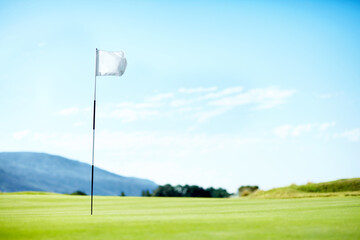 Obraz premium The end goal. Flag marking a hole on the golf course.