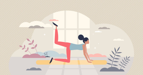 Ab workout exercise with body strength and stretching tiny person concept. Yoga muscle training and sport for flexible wellness vector illustration. Female and woman athlete with plank pose process.