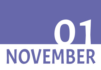 1 november calendar date with copy space. Very Peri background and white numbers. Trending color for 2022.