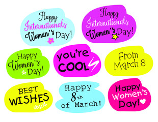 cool bright doodle stickers. vector elements by March 8. pink, yellow, blue bright vector masks for postcards. International Women's Day. short greetings for March 8th.