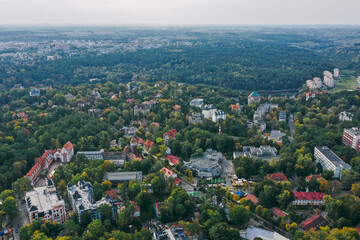 Panoramic aerial view of the city of Svetlogorsk, Kaliningrad region, green treetops, residential buildings.
