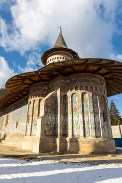 Vertical shot of Voronet Monastery, Manastirea Voronet. Woronetz, Romania.