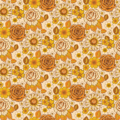 seamless pattern with bright flowers in the style of the 70s