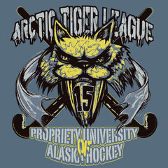 Arctic tiger hockey mascot with two crossed hockey sticks in the background. Hockey team illustration concept.