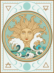 Tarot card sun and waves Occult, fortune telling, tapestry - obrazy, fototapety, plakaty