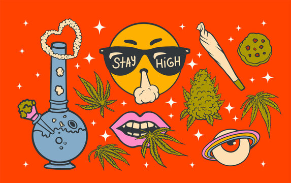marijuana symbols: bong, marijuana bump, cookie, joint, red eyes