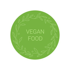 Vegan food label. For marking products. Eco friendly concept. Round sticker. Vector