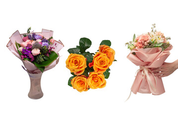 Bouquet of  soft pink flowers in pink wrapping paper.