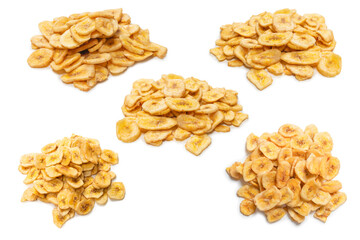Banana chips isolated on a white background. Dehydrated banana.