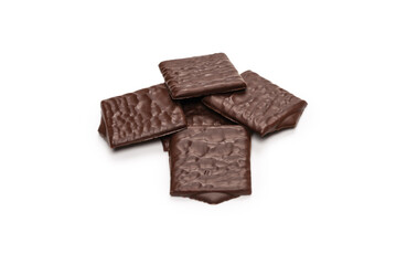 Dark chocolate candies isolated on white background.