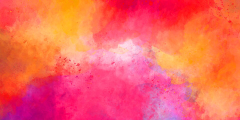 abstract pink orange and yellow gradient watercolor background with brush stroke and clouds splashes. Grungy colorful background. Colorful watercolor background puffy clouds in bright colors.