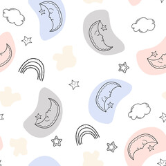 Seamless pattern with sleeping month, clouds and stars , doodle sketch hand drawn elements.